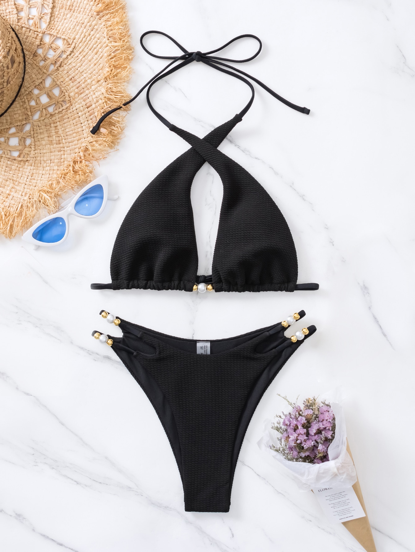 Pearls Beaded Halter Bikini Swimsuit SHEIN USA