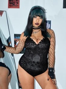 ROMWE PUNK 大碼骷髅頭圖案吊帶連體衣不附帶網紗上衣 - 黑色 - 查看 6