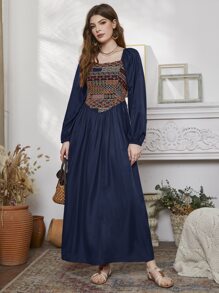 Mulvari Geo Print Lantern Sleeve Dress - Navy Blue - View 1