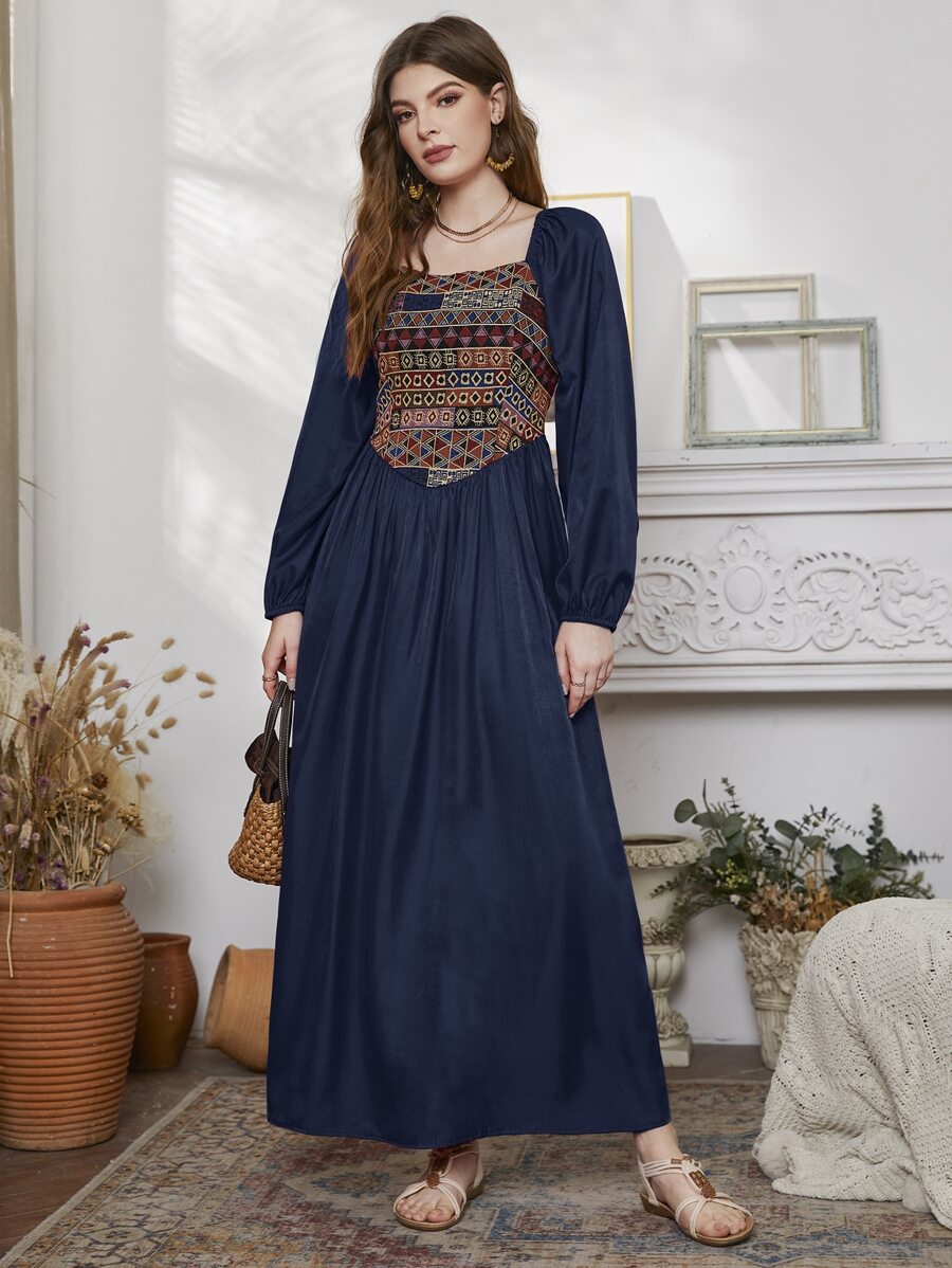 Mulvari Geo Print Lantern Sleeve Dress - Navy Blue - View 1