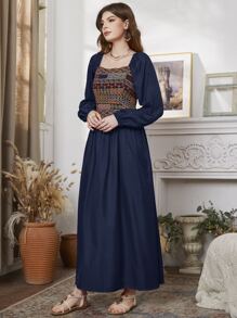 Mulvari Geo Print Lantern Sleeve Dress - Navy Blue - View 3