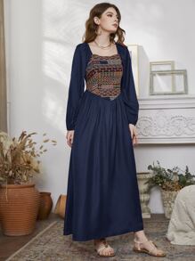 Mulvari Geo Print Lantern Sleeve Dress - Navy Blue - View 4