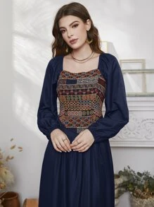 Mulvari Geo Print Lantern Sleeve Dress - Navy Blue - View 5