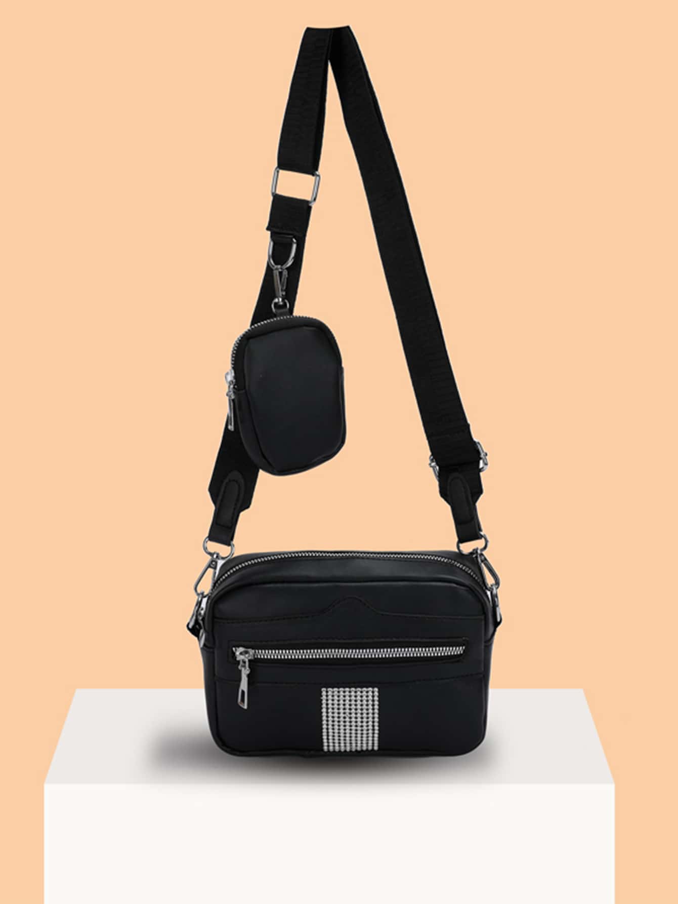 Bolsa cuadrada con diseño de diamante de imitación con monedero - Negro - Ver 1