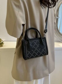 時尚鑲釘小方形手提包 - 黑色 - 查看 6