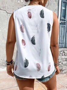 SHEIN LUNE Plus Feather Print Guipure Lace Panel Blouse - White - View 2