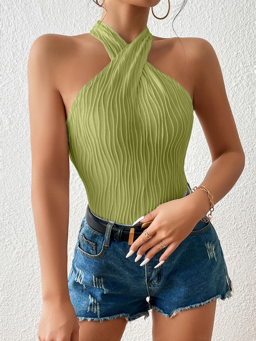 SHEIN Privé Criss Cross Halter Neck Bodysuit - Olive Green - View 1