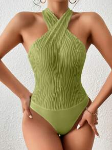 SHEIN Privé Criss Cross Halter Neck Bodysuit - Olive Green - View 3