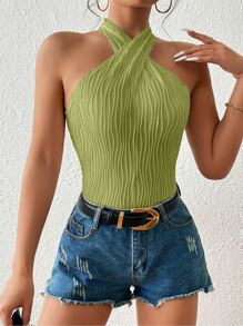 SHEIN Privé Criss Cross Halter Neck Bodysuit - Olive Green - View 4