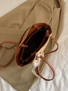 Bolsa de mimbre con diseño de pañuelo - Caqui - Ver 3