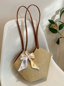 Bolsa de mimbre con diseño de pañuelo - Caqui - Ver 2