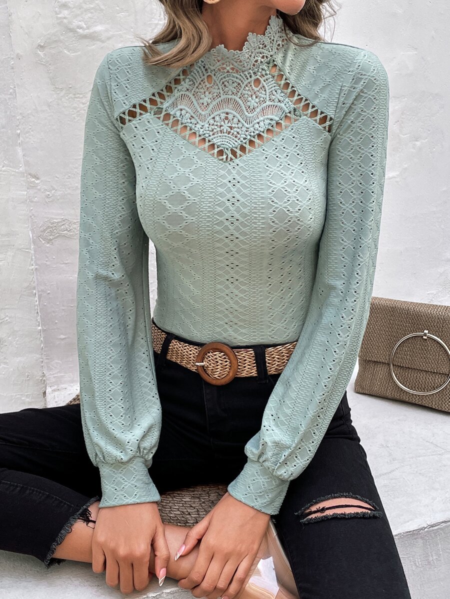 SHEIN Frenchy Áo thun nữ Tương phản ren màu trơn Giải trí - Màu xanh Bạc hà - Xem 1