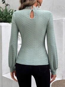 SHEIN Frenchy Áo thun nữ Tương phản ren màu trơn Giải trí - Màu xanh Bạc hà - Xem 2