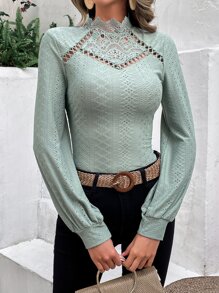 SHEIN Frenchy Áo thun nữ Tương phản ren màu trơn Giải trí - Màu xanh Bạc hà - Xem 6