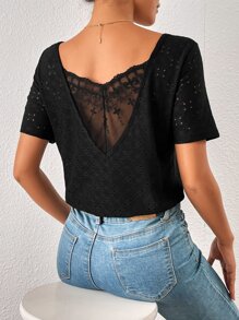 SHEIN Frenchy Áo thun nữ Tương phản ren Tranh thêu màu trơn Giải trí - màu đen - Xem 1