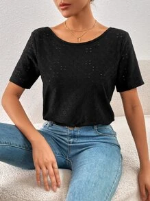 SHEIN Frenchy Áo thun nữ Tương phản ren Tranh thêu màu trơn Giải trí - màu đen - Xem 3