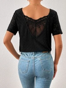 SHEIN Frenchy Áo thun nữ Tương phản ren Tranh thêu màu trơn Giải trí - màu đen - Xem 4