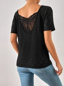 SHEIN Frenchy Áo thun nữ Tương phản ren Tranh thêu màu trơn Giải trí - màu đen - Xem 5