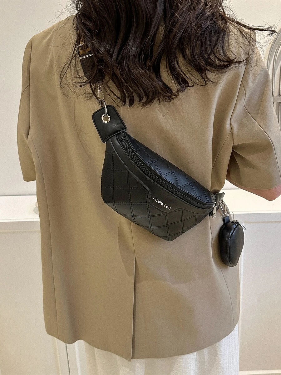 Mini Letter Print Waist Bag With Coin Purse - Black - View 1