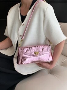 Metallic Square Bag Crocodile Embossed Crossbody Bag - Pink - View 1
