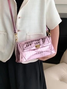 Metallic Square Bag Crocodile Embossed Crossbody Bag - Pink - View 2