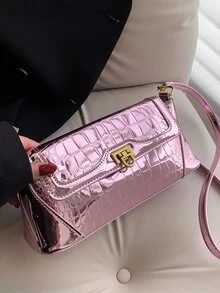 Metallic Square Bag Crocodile Embossed Crossbody Bag - Pink - View 3