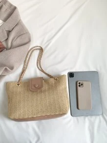 編織鏈帶手提袋 - 卡其色 - 查看 4