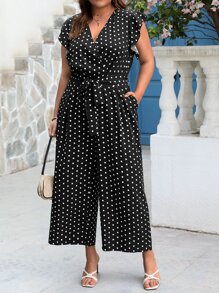 SHEIN Clasi 大碼波點圖案蝴蝶袖腰帶闊腿連體褲 - 黑與白 - 查看 3