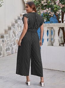 SHEIN Clasi 大碼波點圖案蝴蝶袖腰帶闊腿連體褲 - 黑與白 - 查看 2