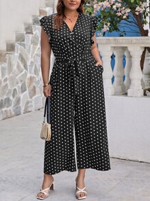 SHEIN Clasi 大碼波點圖案蝴蝶袖腰帶闊腿連體褲 - 黑與白 - 查看 4