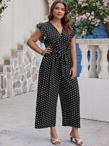 SHEIN Clasi 大碼波點圖案蝴蝶袖腰帶闊腿連體褲 - 黑與白 - 查看 6