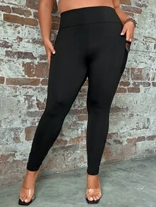 SHEIN LUNE Plus Mesh Insert Leggings With Phone Pocket - Black - View 3