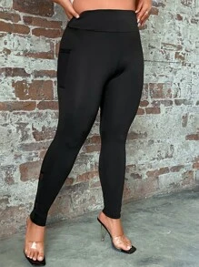 SHEIN LUNE Plus Mesh Insert Leggings With Phone Pocket - Black - View 5