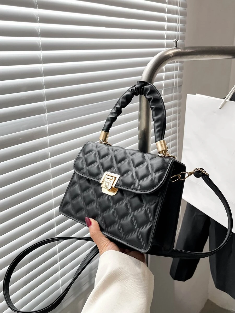 Black Pleated Hand Lock Handbag - Black - View 1