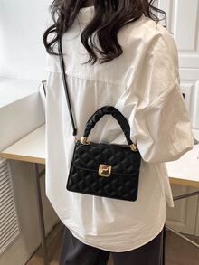 Black Pleated Hand Lock Handbag - Black - View 4