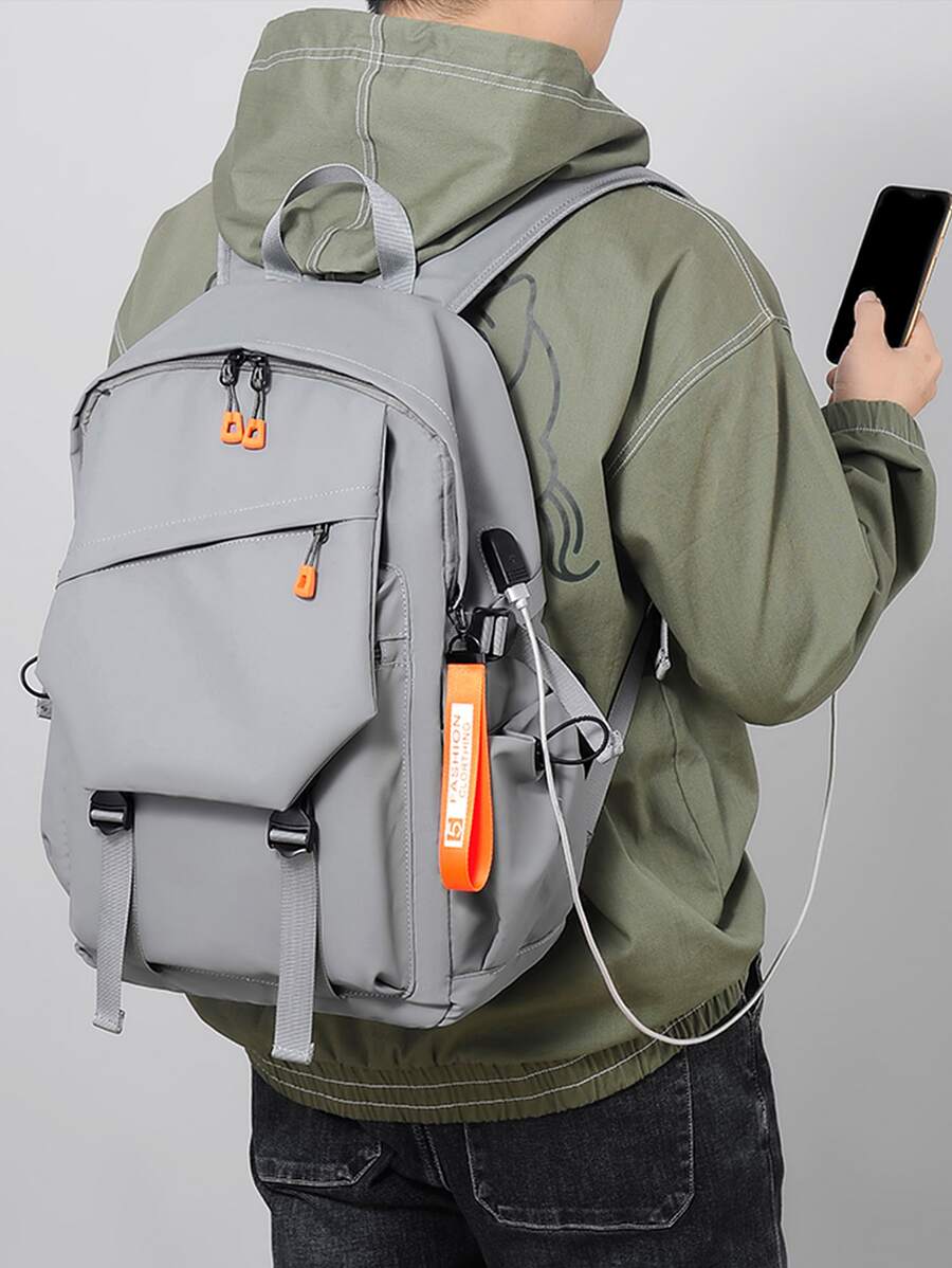 男士防水背包簡約實心都會男士 Usb 背包男士輕便通勤筆記型電腦 B - 灰色 - 查看 1