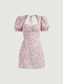 SHEIN MOD Đầm Xù Buộc lại Dây kéo Họa tiết hoa Boho - Hồng - Xem 1