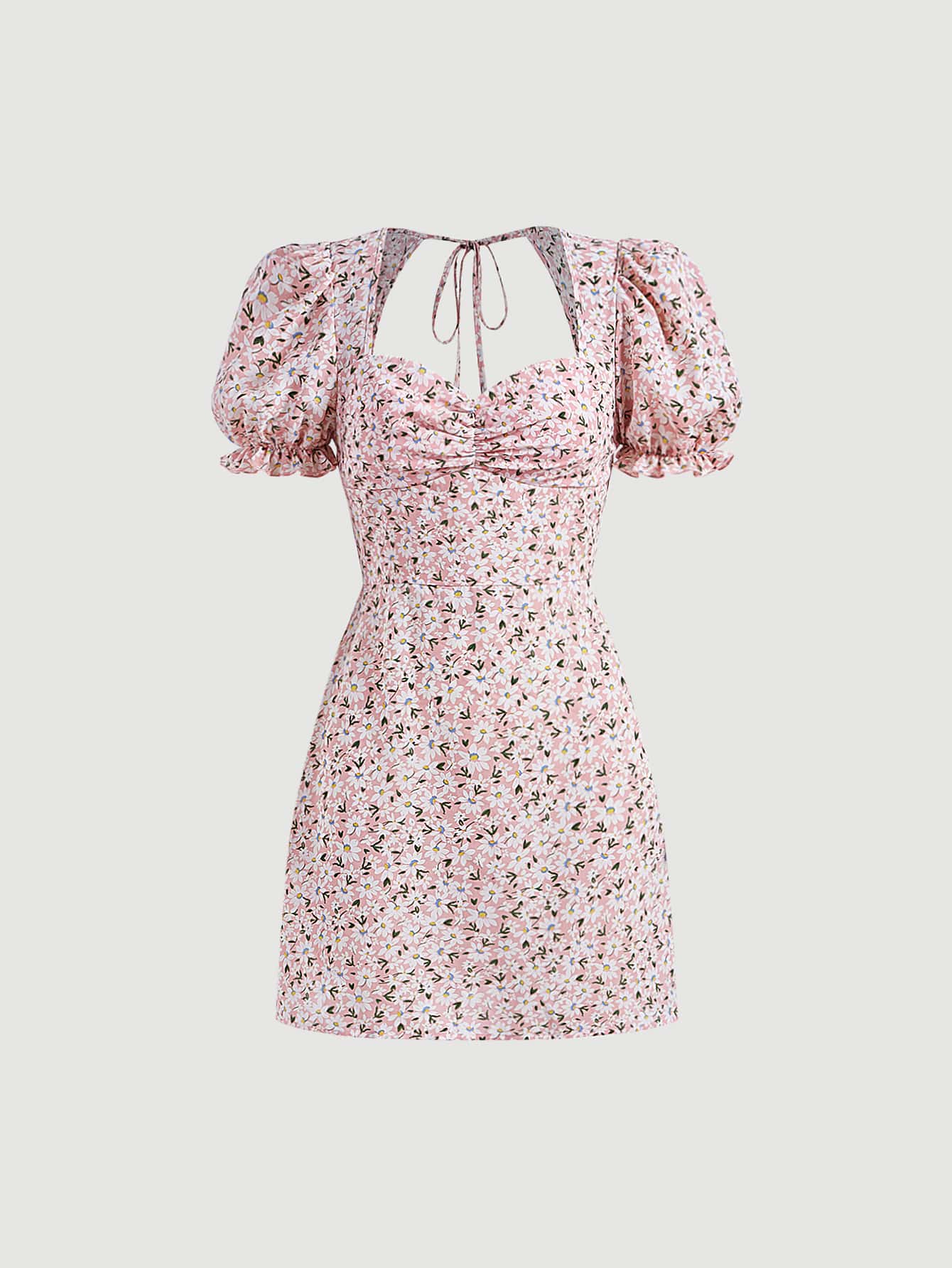 SHEIN MOD Đầm Xù Buộc lại Dây kéo Họa tiết hoa Boho - Hồng - Xem 1