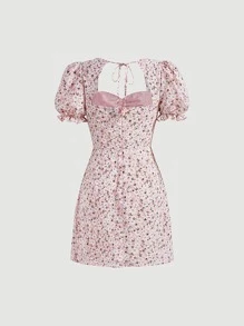 SHEIN MOD Đầm Xù Buộc lại Dây kéo Họa tiết hoa Boho - Hồng - Xem 2