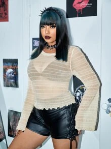 ROMWE PUNK Top ribete en forma de lechuga de malla sin sujetador - Beis - Ver 3