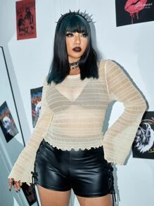 ROMWE PUNK Top ribete en forma de lechuga de malla sin sujetador - Beis - Ver 4