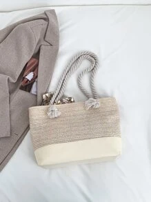 絲巾裝飾草編包小適用於海灘度假旅行,完美適合夏天海灘旅行度假 - 米色 - 查看 3