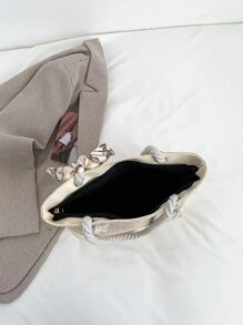 絲巾裝飾草編包小適用於海灘度假旅行,完美適合夏天海灘旅行度假 - 米色 - 查看 4