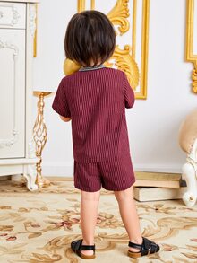 SHEIN Baby Striped Print Shirt & Shorts - Burgundy - View 2