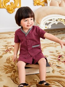 SHEIN Baby Striped Print Shirt & Shorts - Burgundy - View 5