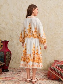 SHEIN 女孩1入組印花燈籠袖腰帶襯衫和半身裙 - 彩色 - 查看 2