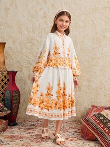 SHEIN 女孩1入組印花燈籠袖腰帶襯衫和半身裙 - 彩色 - 查看 4