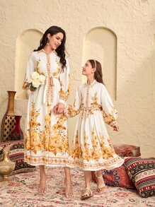 SHEIN 女孩1入組印花燈籠袖腰帶襯衫和半身裙 - 彩色 - 查看 8