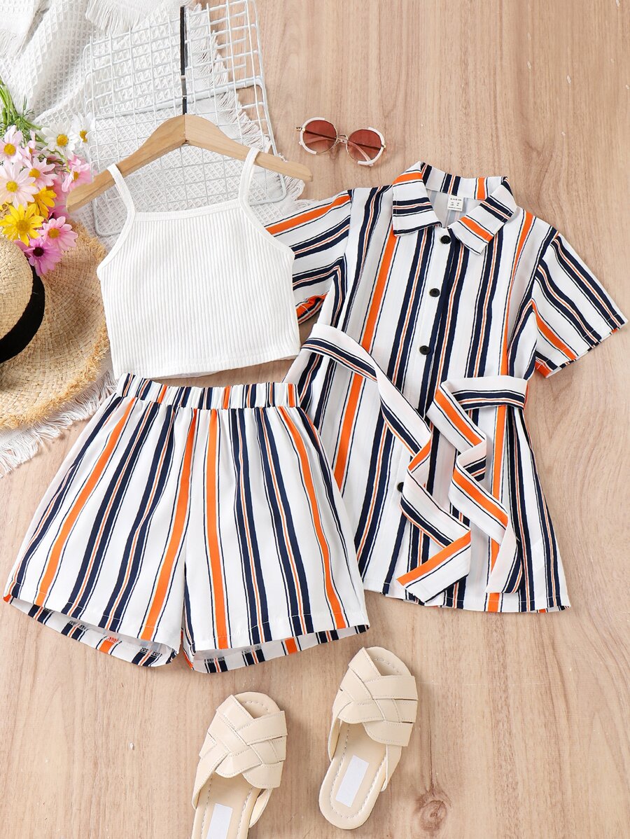 SHEIN Girls Striped Print Shirt & Cami Top & Shorts - Multicolor - View 1