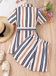 SHEIN Girls Striped Print Shirt & Cami Top & Shorts - Multicolor - View 2